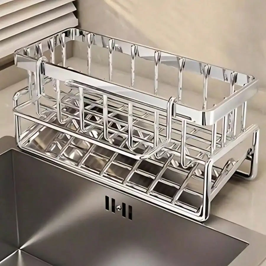 Stainless Steel Sink Caddy – Sponge & Brush Organizer with Drain Tray