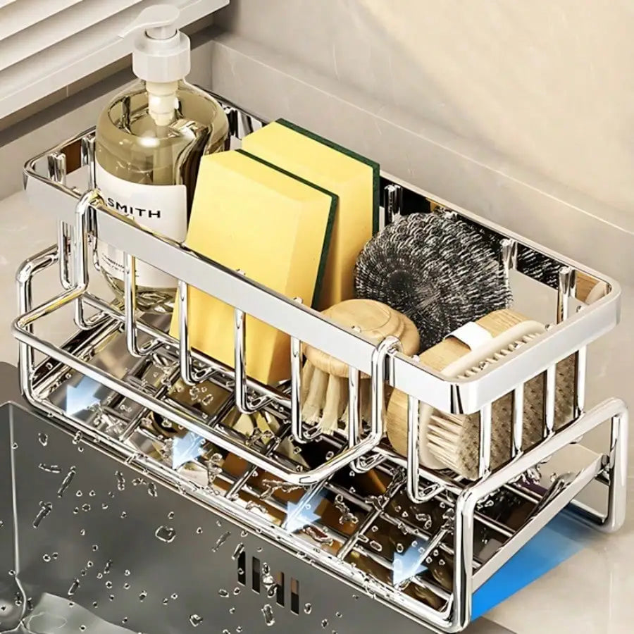Stainless Steel Sink Caddy – Sponge & Brush Organizer with Drain Tray
