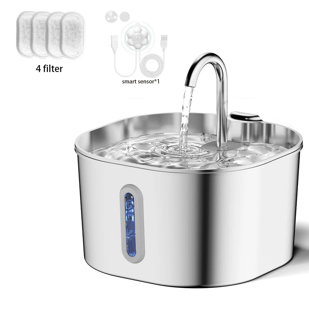 Stainless Steel Cat Water Fountain, 2.2L, Pet Water Dispenser With Filter, Dog Drinking Fountain for Cats, Ultra Quiet Water Pum