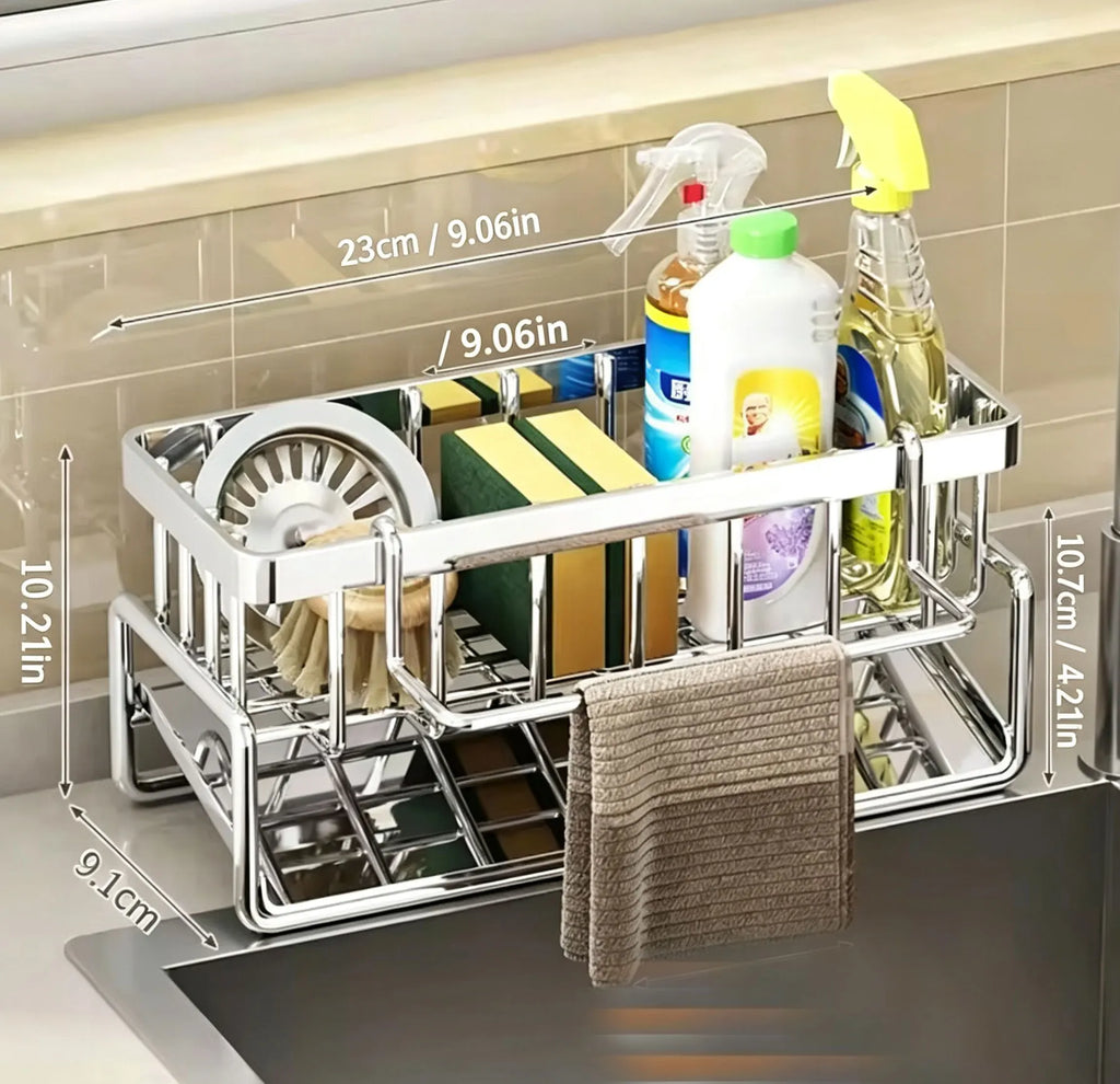 Stainless Steel Sink Caddy – Sponge & Brush Organizer with Drain Tray