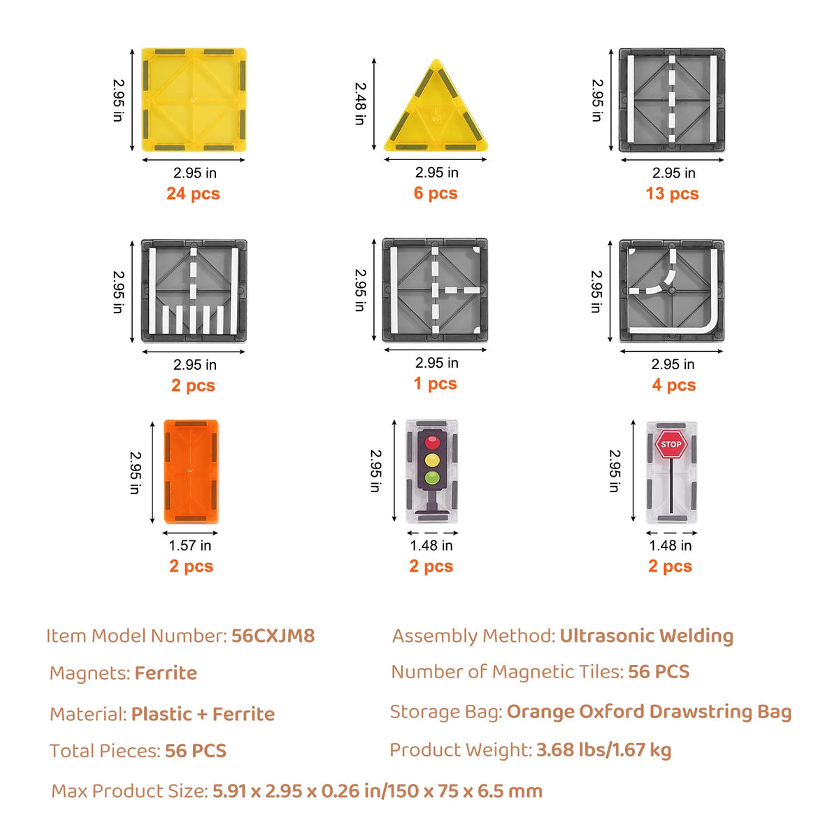 Magnetic Tiles City & Road Set – 56 Pieces