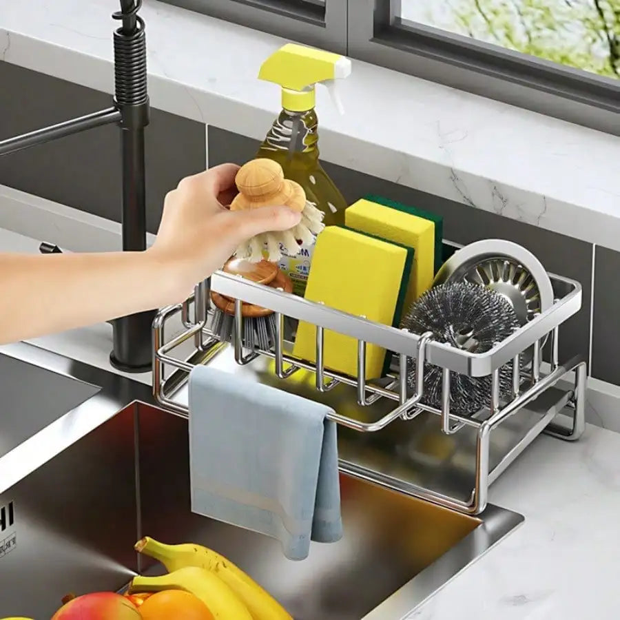 Stainless Steel Sink Caddy – Sponge & Brush Organizer with Drain Tray